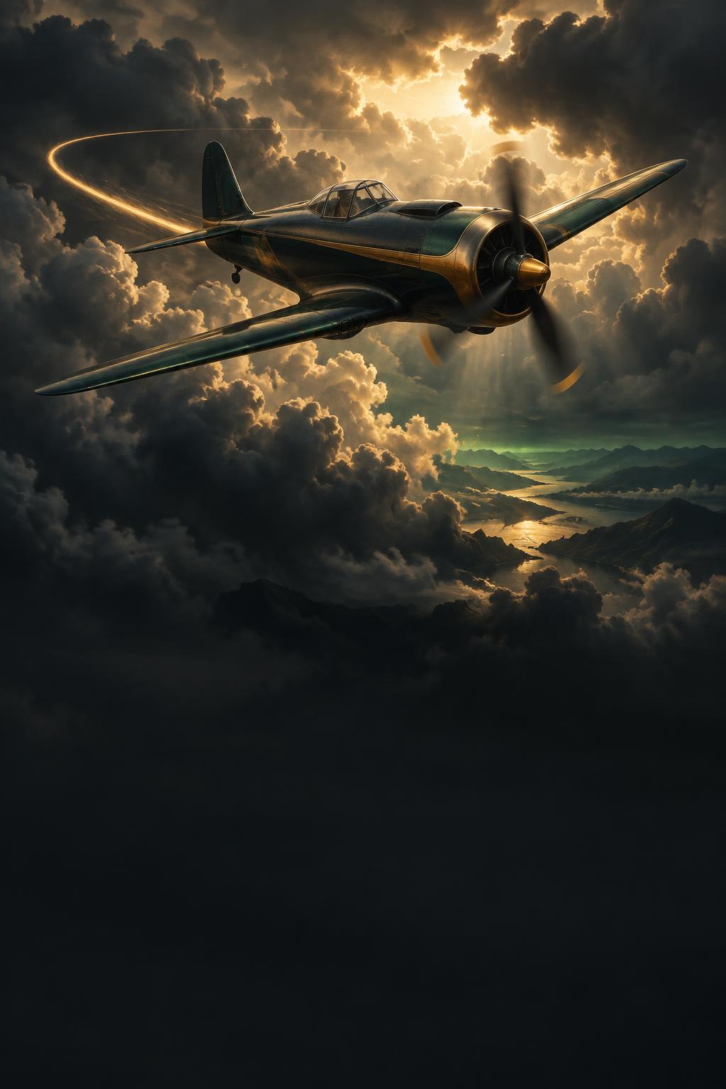 Emerald aircraft banking through dramatic gold-lit storm clouds