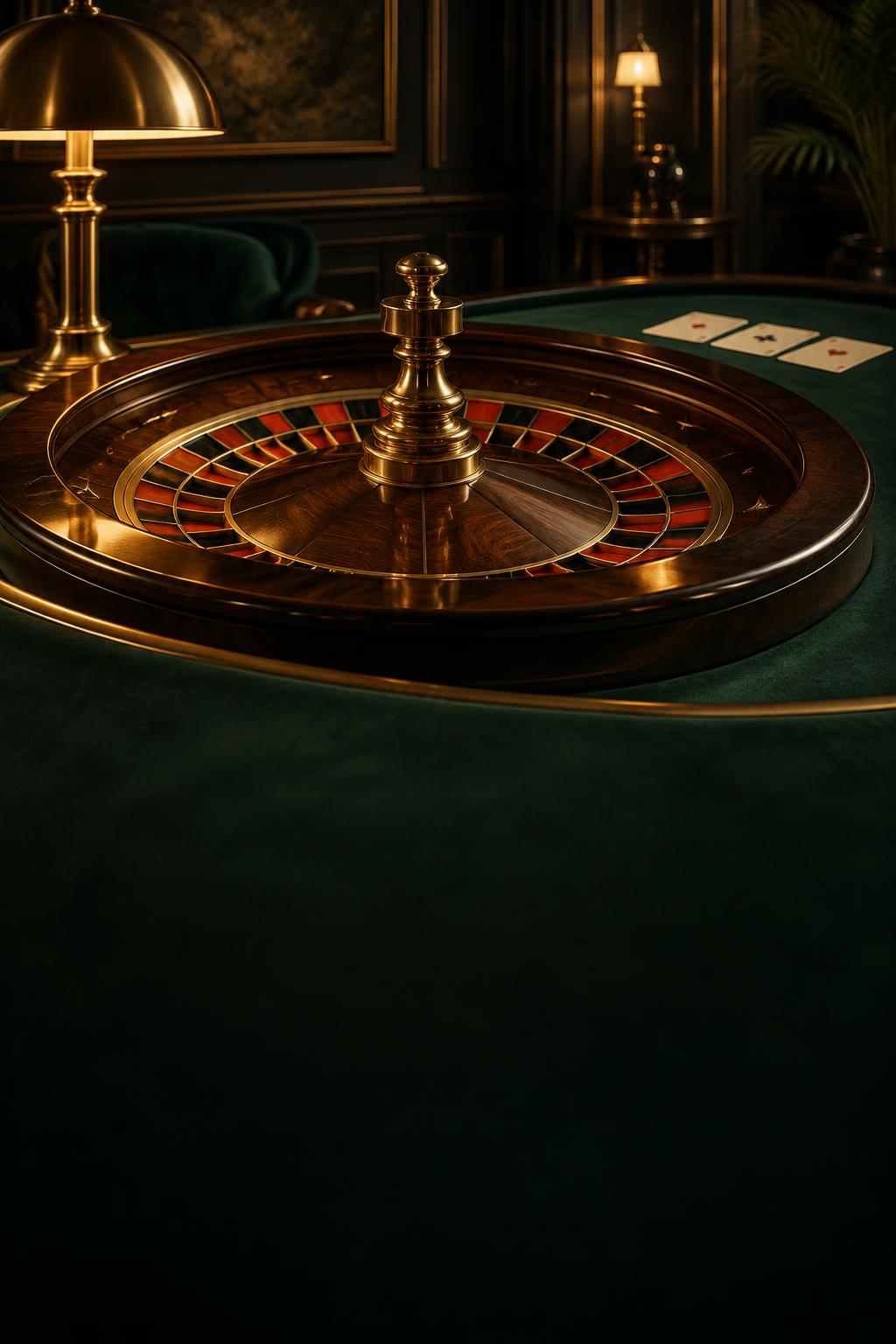 Antique brass roulette wheel on an emerald table in a private salon